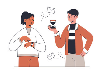 Time management concept. Business people do work on time, successful teamwork workflow flat vector illustrations. Business team workflow scene