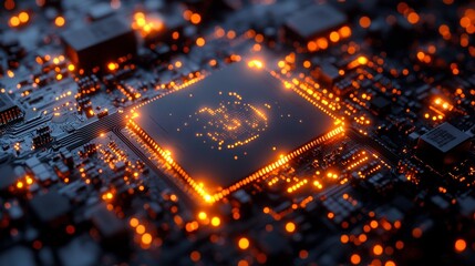 Obraz premium Circuit board with glowing components and microchips. Computer chip, electronic tech background.