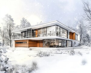Modern Glass House Winter Landscape Architectural Design
