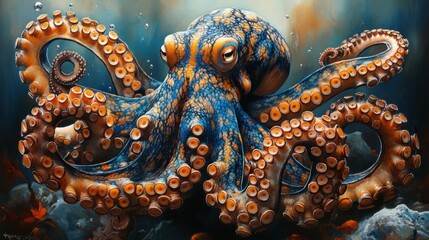 Obraz premium Vivid and Colorful Octopus Underwater Scene with Abundant Space for Additional Text or Graphics Enhancement Ideal for Stock Images