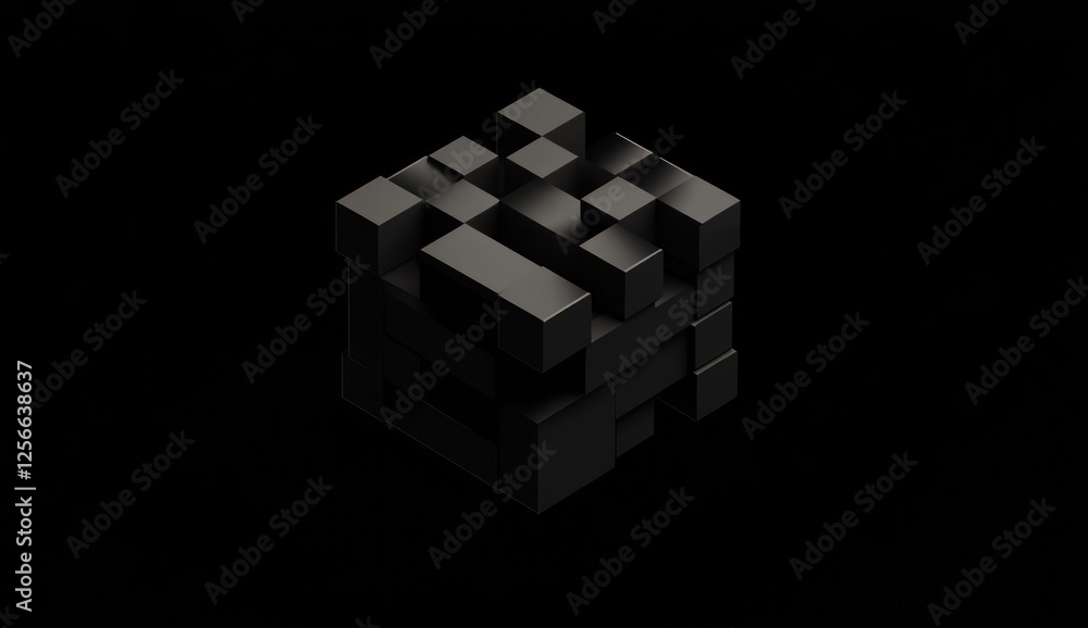 Poster abstract dark gray cube composed of smaller cubes.