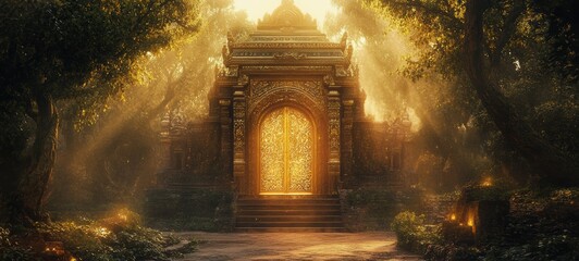 Fototapeta premium A glowing light emanating from an ancient temple entrance crisp edges