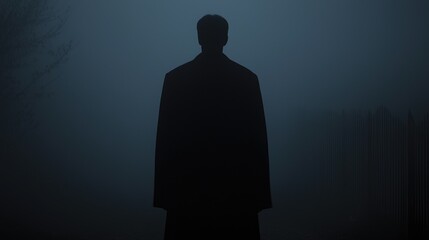 Solitary figure in foggy field, back view, mystery