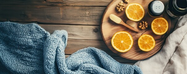 Cozy still life with oranges and cozy knit blanket on wooden table