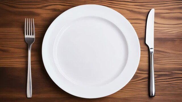 Empty plate with silverware on wooden table: aerial view transition sequence