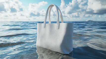 White tote bag floats on ocean waves.  Sunny day, cloudy sky, environmental concern.