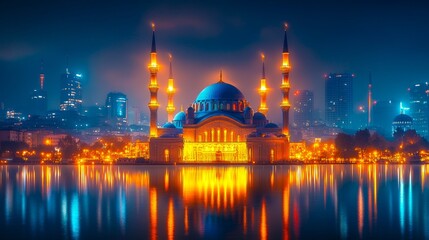 Fototapeta premium Stunning view of the mosque and cityscape at night, illuminated blue, and yellow light with reflections on the water and .Travel concept.