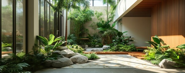 Fototapeta premium Modern atrium with lush indoor garden and natural light