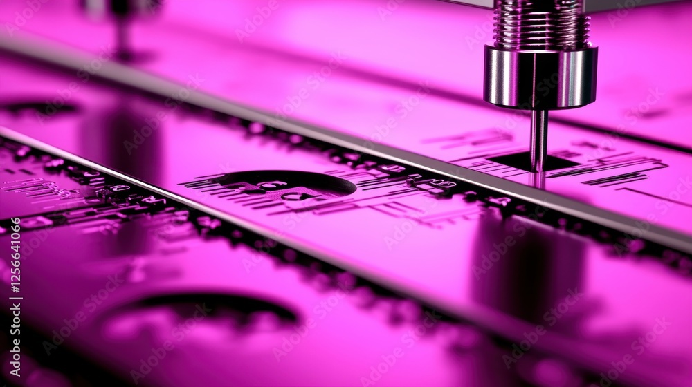Poster a close-up of a precision tool working on a circuit board, illuminated in a vibrant pink hue, highli