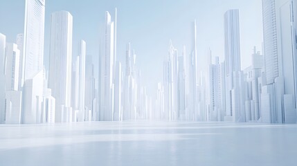 Futuristic city skyline with white buildings under a bright sky