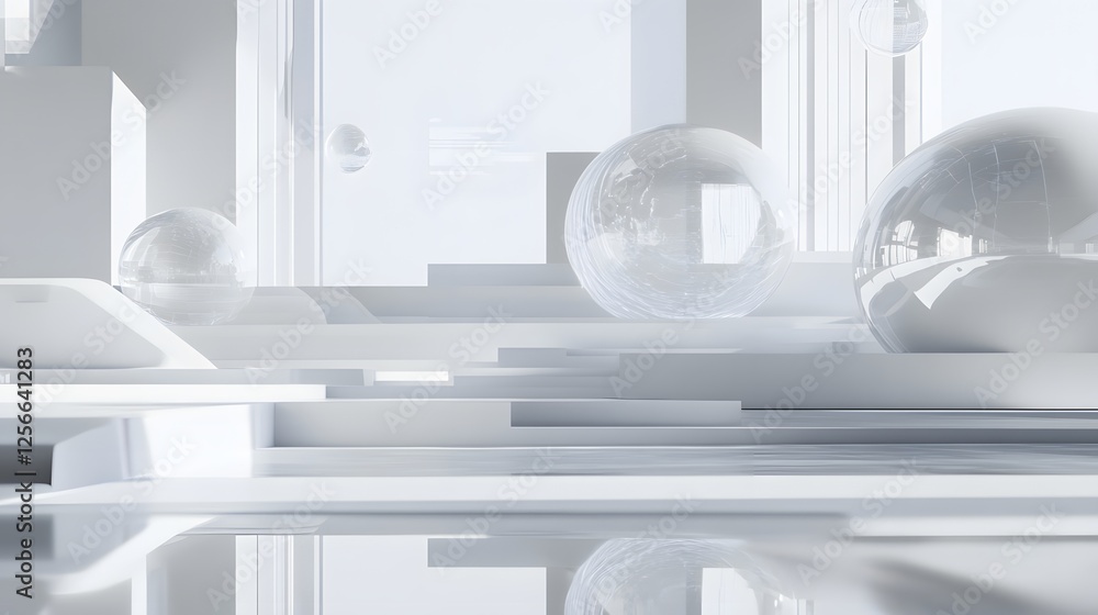 Poster abstract minimalist rendering features spheres steps and clean white tones