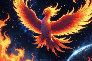 Stunning Phoenix Illustration Flying Through Cosmic Flames