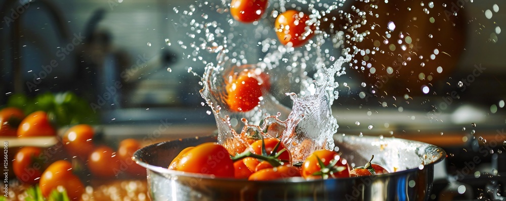 Poster tomatoes being rinsed in a kitchen sink with water splashing all over