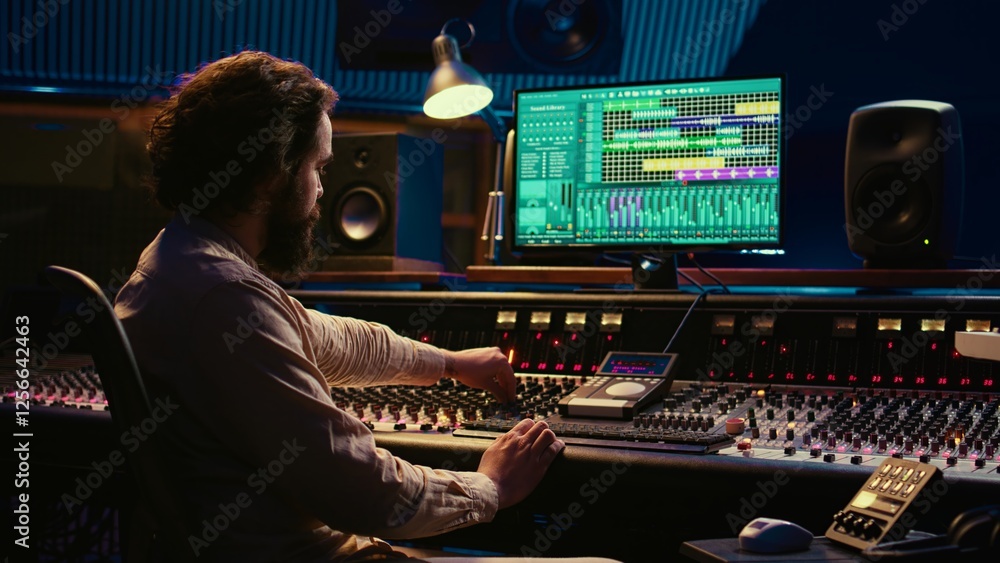 Poster Audio expert working on recording and editing new music album, processing sounds and using mixing console in control room. Technician pushing buttons an switchers in professional studio. Camera B.