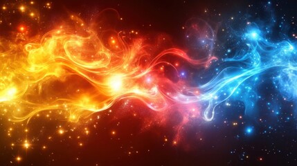 Colorful Abstract Background Featuring Swirling Flames and Cosmic Elements in Vivid Red, Orange, Blue, and Gold Hues for Artistic Uses