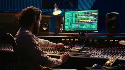 Audio expert working on recording and editing new music album, processing sounds and using mixing...