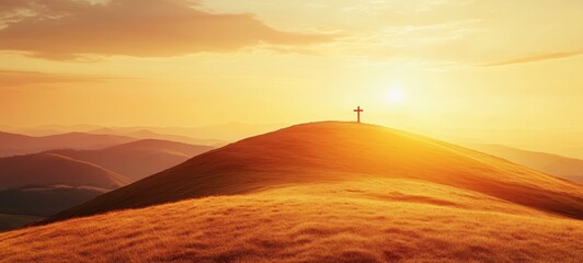 A lone cross on a hill at sunrise, cinematic light rays crisp edges