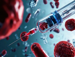 Medical Syringe and Red Blood Cells, Medical Concept, Healthcare Solution