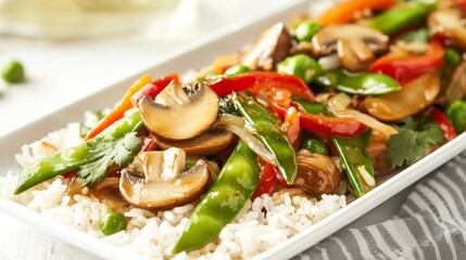 Image of rice and vegetable stir-fry with mushrooms and snap peas on a white rectangular plate, emphasizing colorful and crunchy textures. Ideal for quick lunches and healthy dinners.