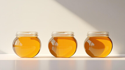 Three Jars of Golden Honey in Sunlight A Minimalist Still Life Photography