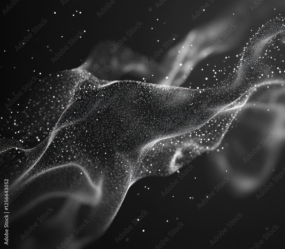 Poster abstract grayscale flowing particle wave.