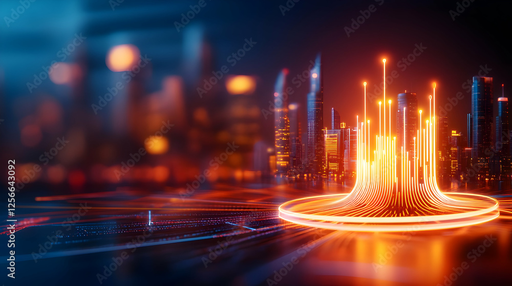 Poster an abstract glowing design representing data visualization in a modern, futuristic cityscape.
