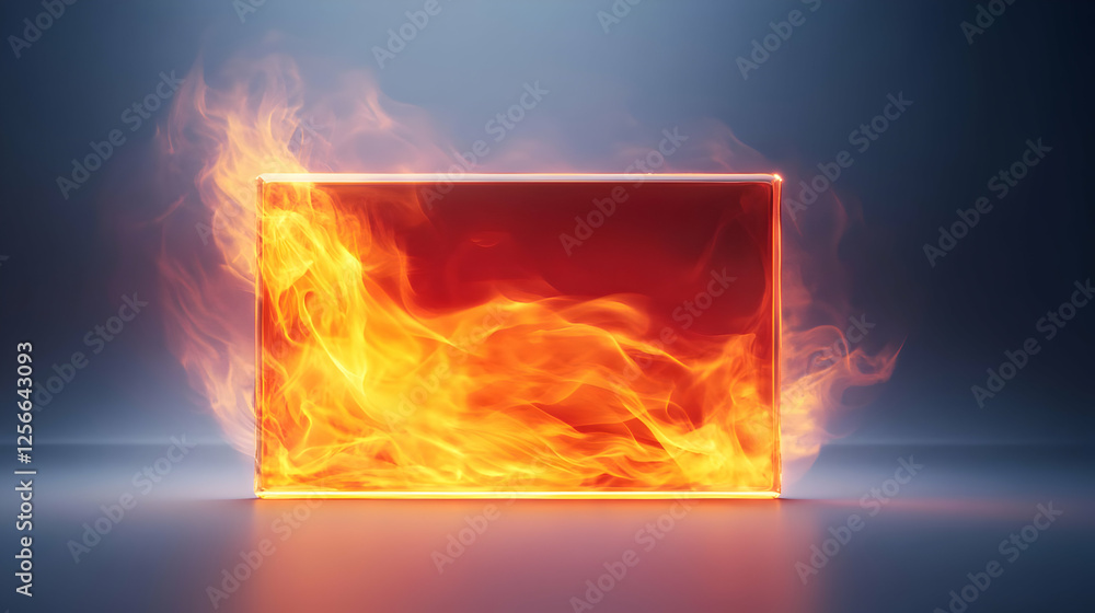 Poster an abstract representation of fire contained within a glowing rectangular frame, showcasing vibrant 