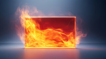 An abstract representation of fire contained within a glowing rectangular frame, showcasing vibrant flames and colors.