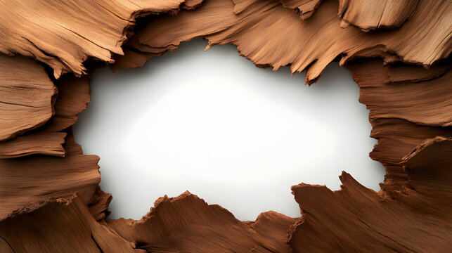 An abstract wooden frame with a blank white center, ideal for showcasing text or graphics creatively.