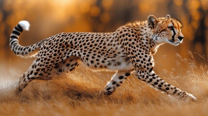 Obraz premium Majestic Cheetah Running Through Golden Grassy Landscape, Capturing the Essence of Speed and Grace in a Serene Natural Habitat