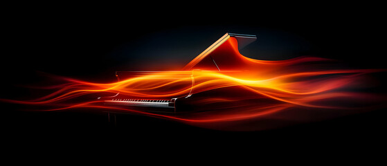 Naklejka premium An artistic representation of a piano surrounded by vibrant flames, symbolizing creativity and passion in music.