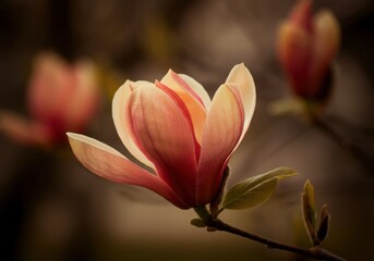 "Close-up of a magnolia flower in full bloom, with petals highlighted by soft lighting."