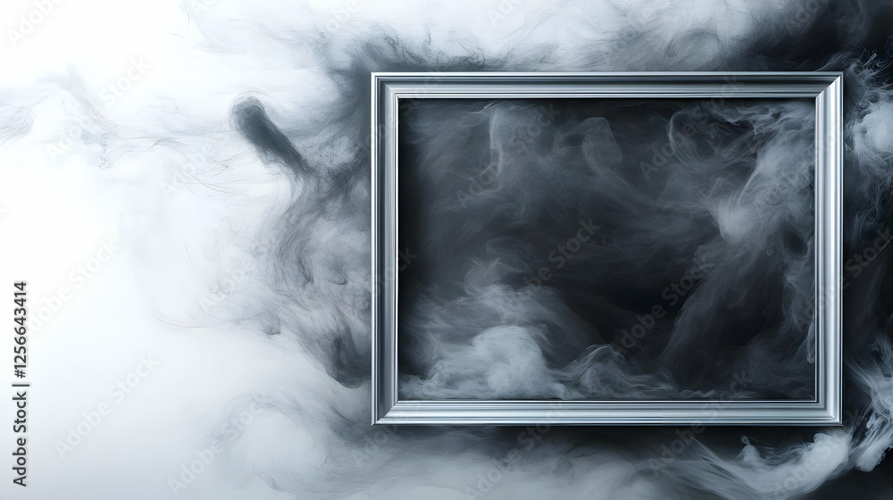 Poster an empty picture frame surrounded by swirling smoke, creating a mysterious and artistic atmosphere.