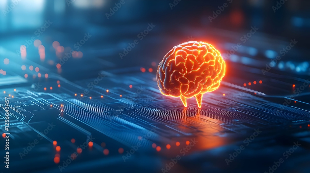 Poster an illuminated brain model over a digital circuit background, symbolizing artificial intelligence an