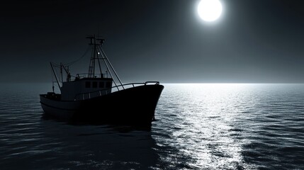 Fototapeta premium Fishing boat night sea moon ocean travel