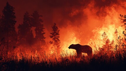 A Polar Bear Stands Alone Amidst a Fiery Landscape, Highlighting the Struggles of Wildlife in Changing Environments with a Focus on Climate Change Challenges