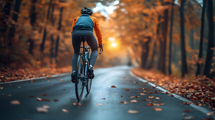 A man is riding a bicycle down a road with leaves on the ground