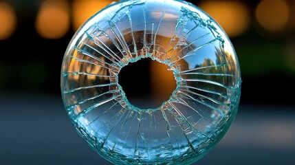 Isolated Glass Sphere with Bullet Hole Effect on Black Background, Featuring Shattered Edges and Unique Texture for Artistic and Descriptive Uses