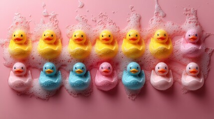 Fototapeta premium Colorful Rubber Duckies in Bubble Foam on a Pink Background – A Playful Visualization of Joy and Fun for Children’s Themes and Celebrations