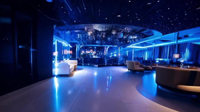 Elegant modern nightclub with futuristic blue lighting and sleek interior design. Concept of nightlife entertainment, modern architecture, vibrant social spaces, luxury clubs