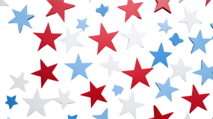 Red white and blue stars falling on transparent background