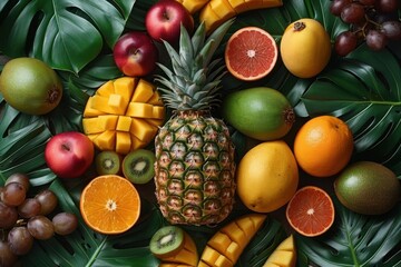 Pineapple surrounded by various fruits and vegetables on wooden table in kitchen healthy and organic food concept fresh produce vegan lifestyle grocery store health food cafe farmers market concept
