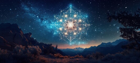 Naklejka premium A night sky filled with stars forming a sacred geometric pattern crisp edges