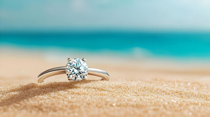 Obraz premium A beautiful engagement ring resting on golden sand by a serene beach, perfect for romantic themes and celebrations.