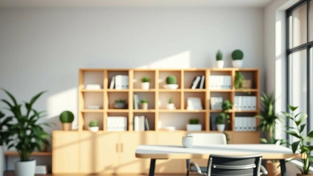 A zoom background photo of a minimalist modern office with a bookshelf and plants