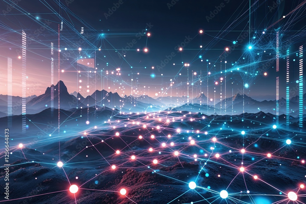 Poster exploring digital connections with lines and dots in an abstract landscape of data significance in t