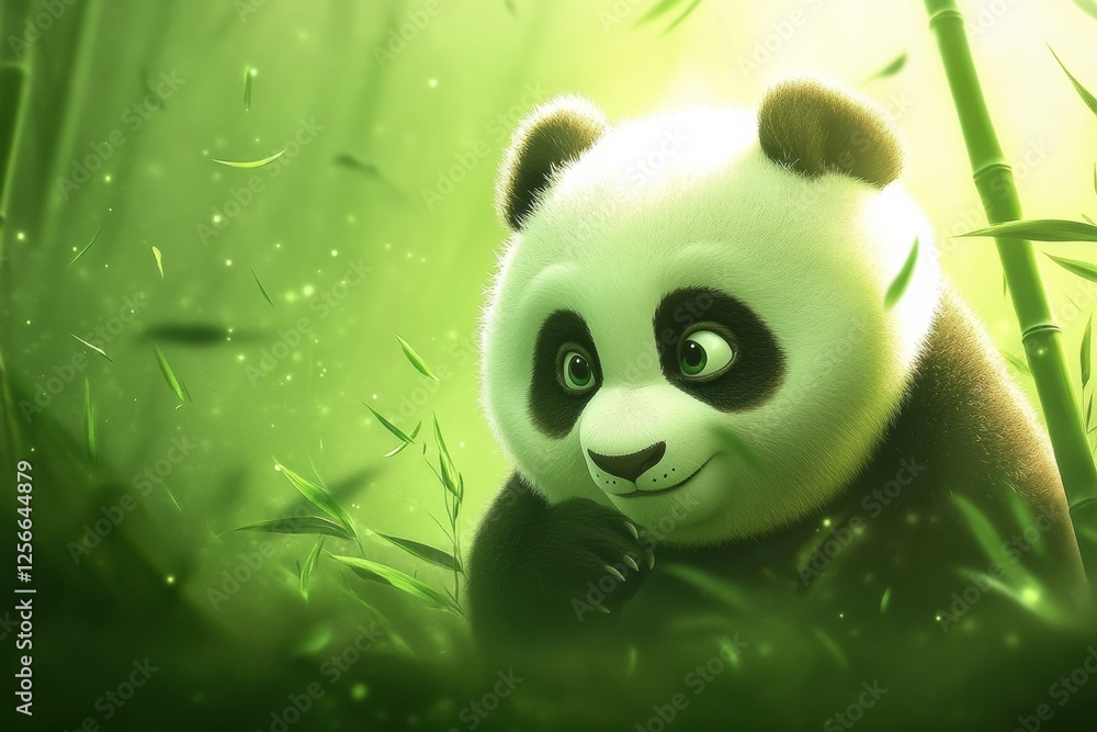 Fototapete panda portrait captured in lush bamboo forest with vibrant green backdrop suitable for customizing t