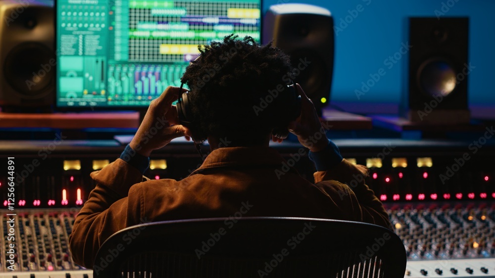 Poster Professional tracking engineer using headphones to edit recorded tracks in control room, motorized sound control knobs. Audio expert working on mixing console and editing software. Camera A.
