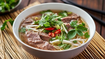 Image of rice and Vietnamese pho with beef and herbs in a traditional Vietnamese bowl, emphasizing aromatic and flavorful qualities. Ideal for Vietnamese cuisine and comforting soups.