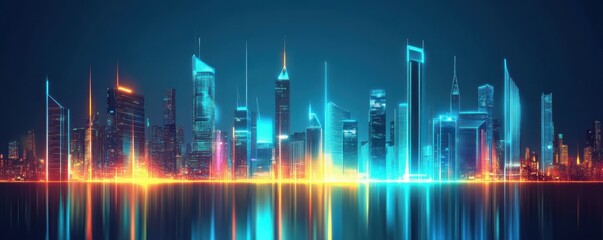 Fototapeta premium Futuristic neon cityscape with colorful buildings and reflections at night
